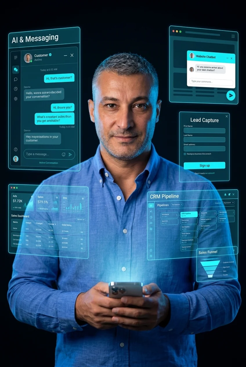 Fernando Copado con paneles de agentes de IA para WhatsApp, chatbot web y CRM