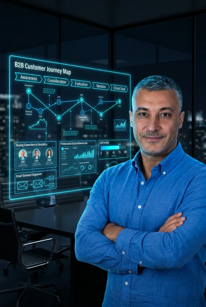 Fernando Copado junto a un mapa holográfico del customer journey B2B