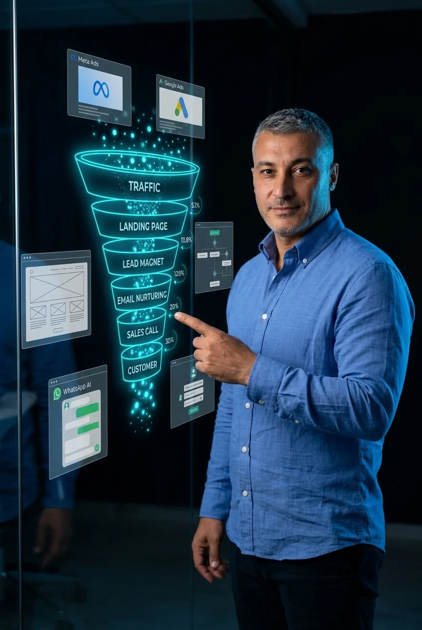Fernando Copado, experto en embudos de ventas, señalando un funnel de conversión holográfico