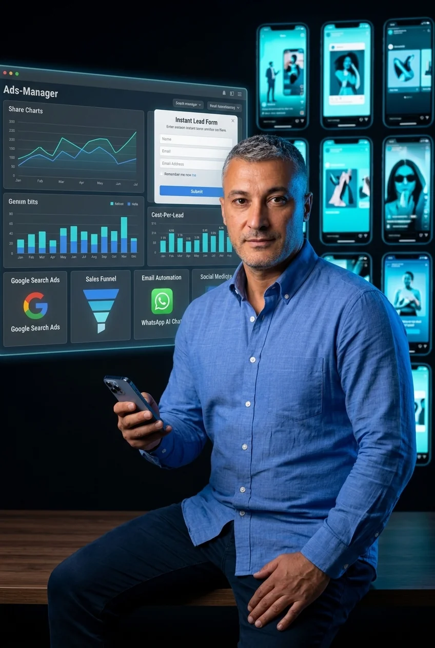 Fernando Copado, gestor de Facebook Ads, frente a una pared de creatividades de Instagram y el administrador de anuncios