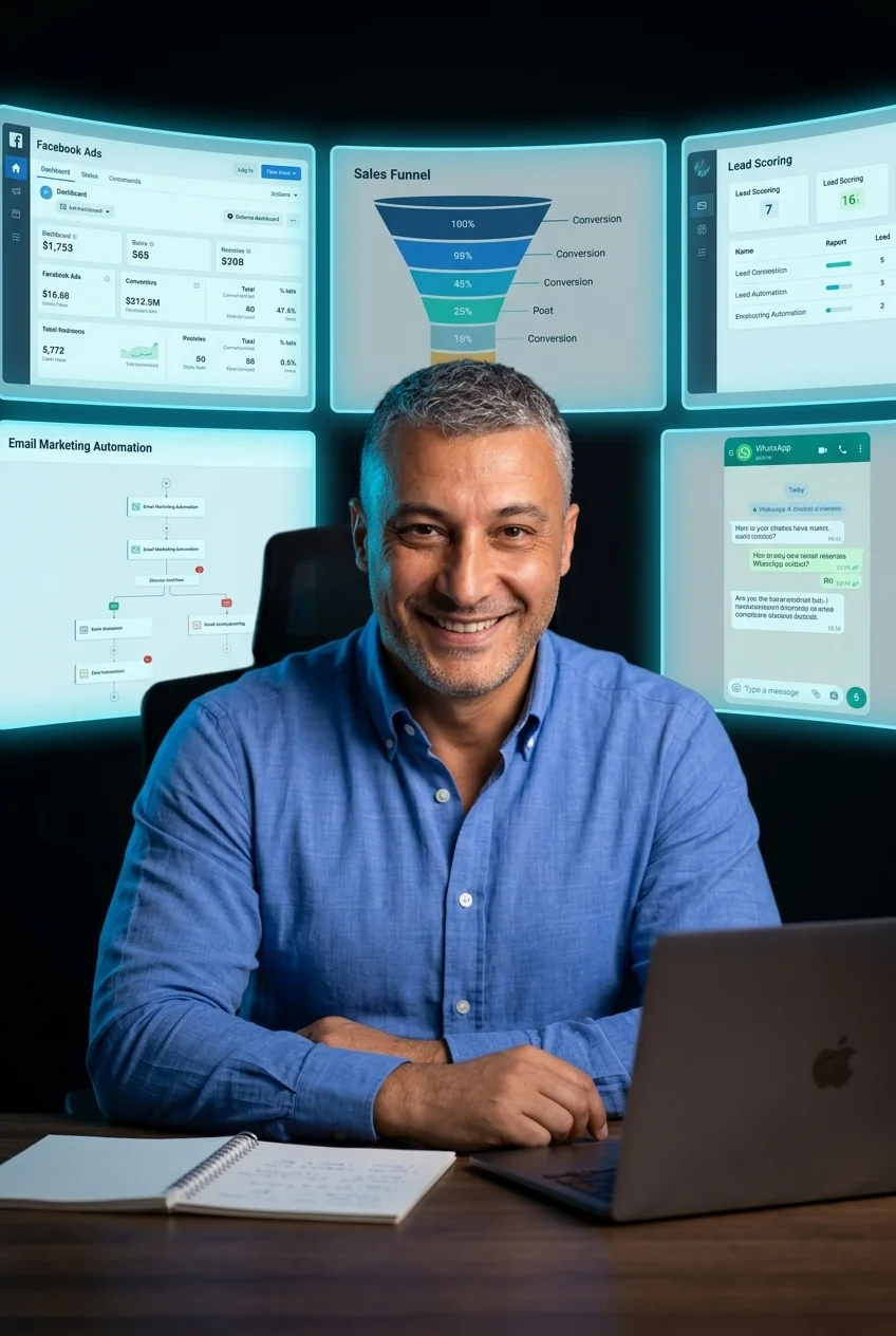 Fernando Copado en su estudio con paneles de un sistema de marketing 360º